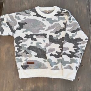 Simply southern cute camo fuzzy sweater
